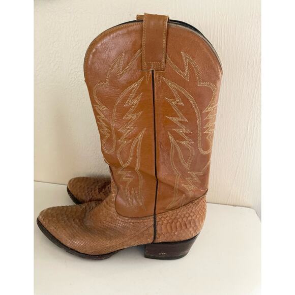 VTG Cat\'s Paw Cowboy Boots Orange Tan Leather Men\'s Size 9 Western Snakeskin